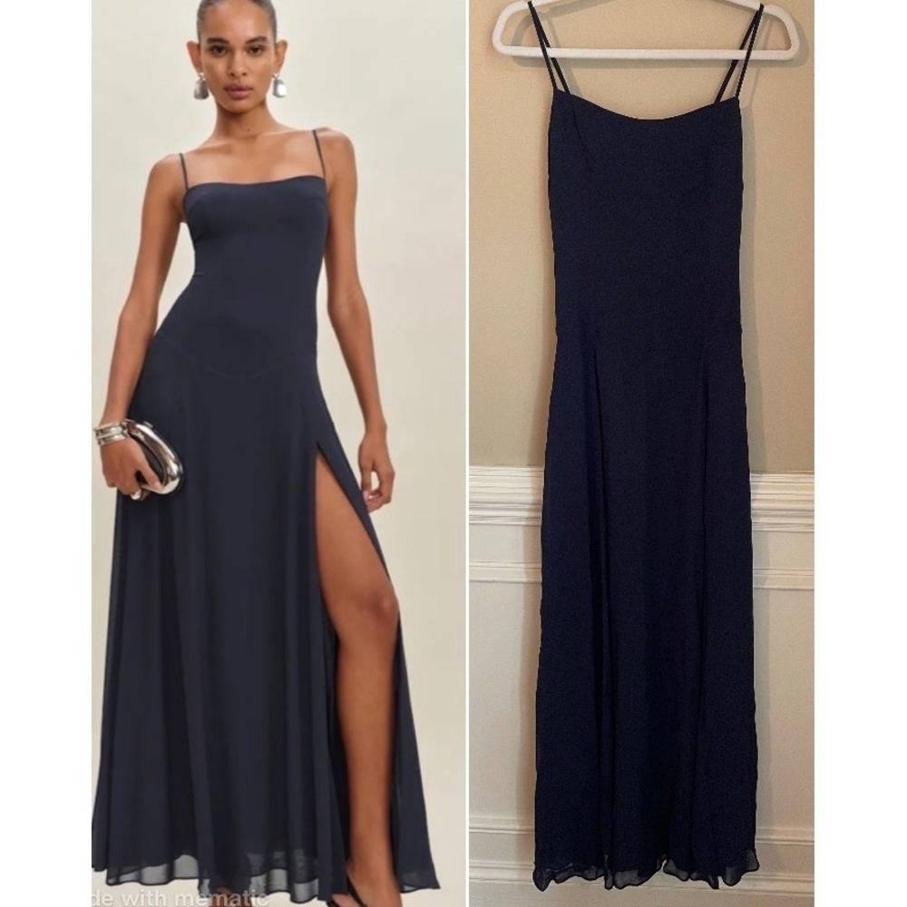 Reformation Bea Navy Blue Chiffon Maxi Dress Size 0 Basque Waist Wedding Guest‎